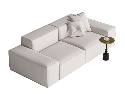 White Two Seater Sofa With Decorative Cushions And Small Round Side Table 3d model