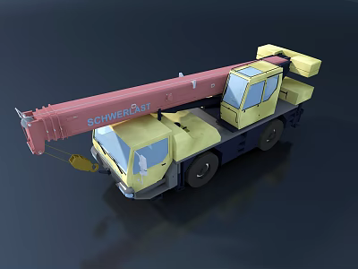 Yellow Mobile Crane Truck with Red Extended Boom and Operator Cabin 3d model
