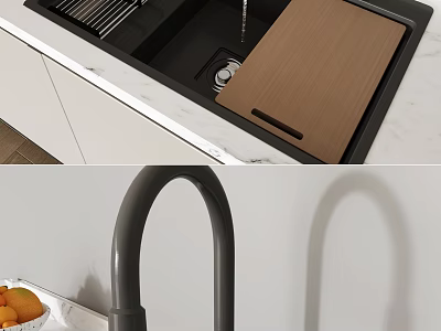 Modern Kitchen Sink With Wooden Cover And Black Faucet On Marble Countertop 3d model