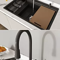 Modern Kitchen Sink With Wooden Cover And Black Faucet On Marble Countertop