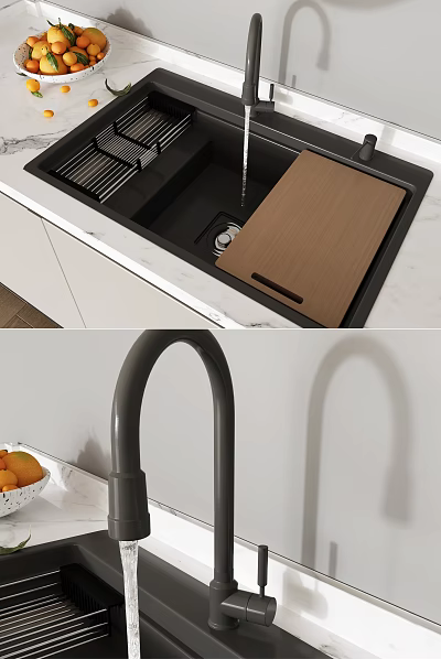 Modern Kitchen Sink With Wooden Cover And Black Faucet On Marble Countertop 3d model