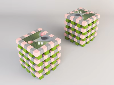 Modern Coffee Table With Two Pink And Green Stacked Cube Structures 3d model