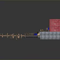 3D Rendered Scene With Red Crates Wooden Bridge Steps Barrels And Blue Boxes