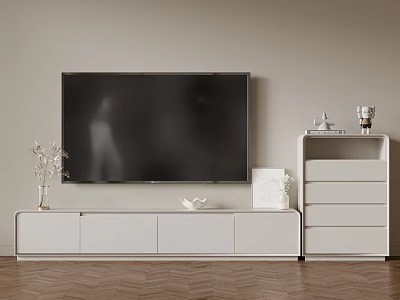 Modern Living Room Interior With TV Wall White TV Stand And Brown Wooden Floor Decorations 3d model