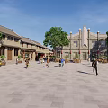 Traditional Chinese Commercial Street Featuring Brick Architecture Wooden Door Signboard And Greenery