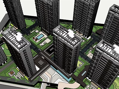 Modern High Rise Residential Complex With Green Spaces Road Layout And Urban Design 3d model