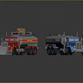 Red And Blue Tank Trucks With Cargo On Red Vehicle And Shiny Exteriors
