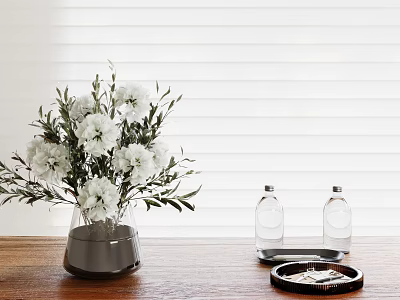 Decorative Ornament Set With White Flowers Green Foliage Dark Vase Clear Bottles On Wooden Tray 3d model