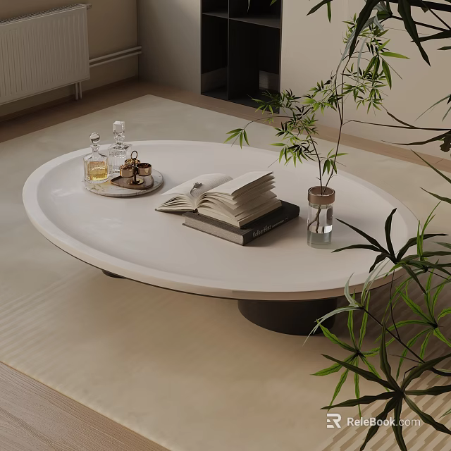 Modern Sofa and Coffee Table Set with Round White Table Books and Potted Plant 3d model 