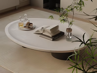 Modern Sofa and Coffee Table Set with Round White Table Books and Potted Plant 3d model