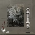 Modern Floral Painting With White Flowers Wall Background And Floor Lamp Decorative Elements