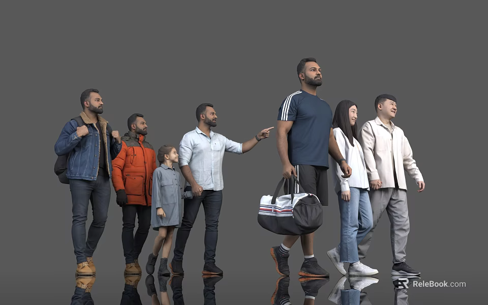 Diverse Group of People Walking Together With Casual Clothing And Bags On Gray Background 3d model 
