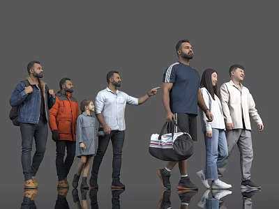 Diverse Group of People Walking Together With Casual Clothing And Bags On Gray Background 3d model