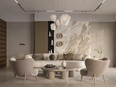 Modern Living And Dining Room Interior With Beige Sofa Round Coffee Table And Pendant Lights 3d model