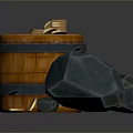 Rustic Wooden Barrel With Gold Coins Blue Gemstones And Scattered Coins