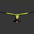 Green and yellow parrot bowing head with partially spread wings standing on reflective dark background