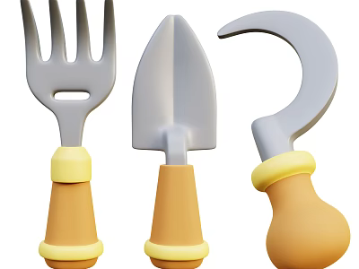 Industrial Equipment Tools With Yellow And Brown Handles Including Fork Spade And Sickle 3d model