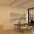 Japanese Style Tea House Interior With Wooden Lattice Ceiling And Mountain Landscape Screen