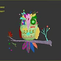Flying Animal Artistic Decorative Owl Perched On Teal Branch With Yellow Accents Feathers And Leaves