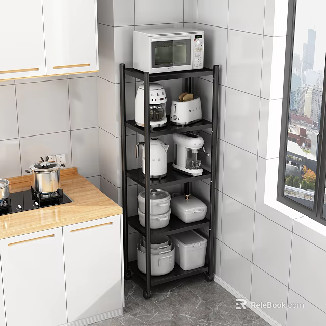 Black Kitchen Storage Shelf with Electric Appliances and Storage Boxes in White Tile Kitchen 3d model