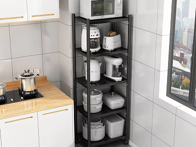 Black Kitchen Storage Shelf with Electric Appliances and Storage Boxes in White Tile Kitchen 3d model