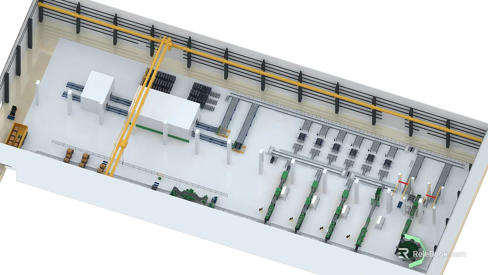 Modern Automated Factory Production Line With Yellow Tracks And Machinery Layout 3d model 