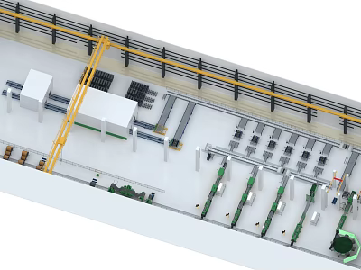 Modern Automated Factory Production Line With Yellow Tracks And Machinery Layout 3d model