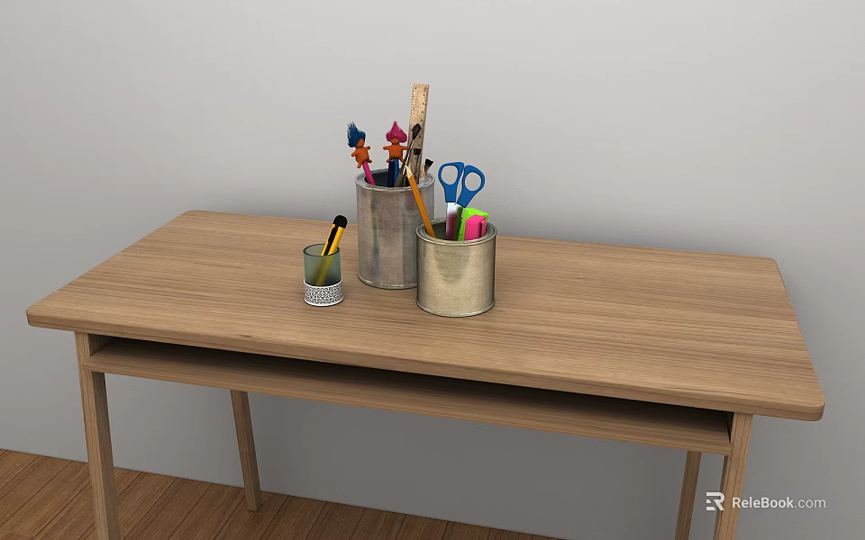 Wooden Table Surface With Metal Pencil Holders And Colorful Stationery Items 3d model 