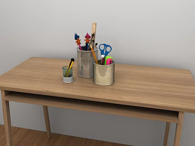 Wooden Table Surface With Metal Pencil Holders And Colorful Stationery Items 3d model