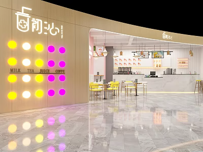 Modern Milk Tea Shop Interior With Yellow Pink Circular Lights Tables Chairs And Counter 3d model