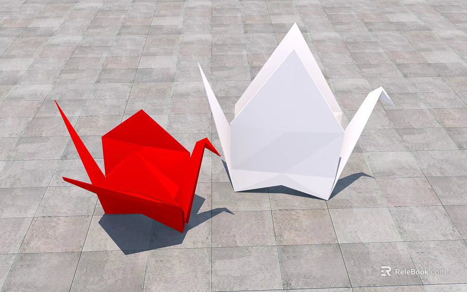 Red And White Origami Cranes As Decorative Paper Art On Gray Stone Floor 3d model 