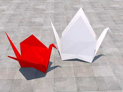 Red And White Origami Cranes As Decorative Paper Art On Gray Stone Floor 3d model