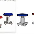Blue And Red Shoe Stools With Round Padded Seats And Silver Metal Brown Wood Bases