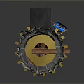 Medieval Stone Castle Tower Structure With Yellow Platform Blue Flag And Wooden Supports