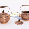 Vintage Copper Tea Set Featuring Teapots With Wooden Handles And Textured Surface