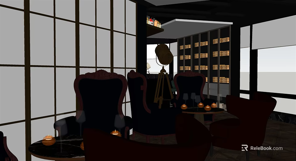 Japanese Style Bar Interior Featuring Shoji Screens Dark Armchairs Wooden Shelves And Candlelit Tables 3d model 
