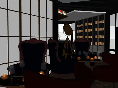 Japanese Style Bar Interior Featuring Shoji Screens Dark Armchairs Wooden Shelves And Candlelit Tables 3d model