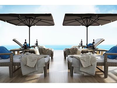 Outdoor Lounge Chairs On Terrace With Sea View Umbrellas Towels And Drink Bottles 3d model