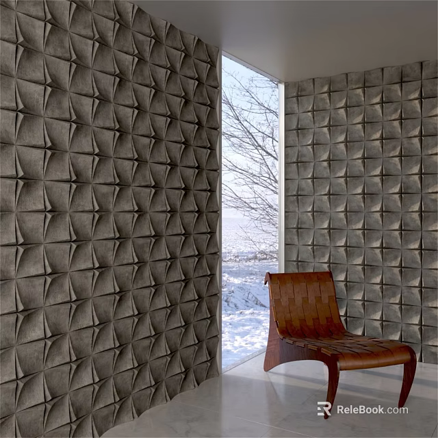 Gray Geometric Textured Background Wall With Window Snow View And Brown Leather Chair 3d model 
