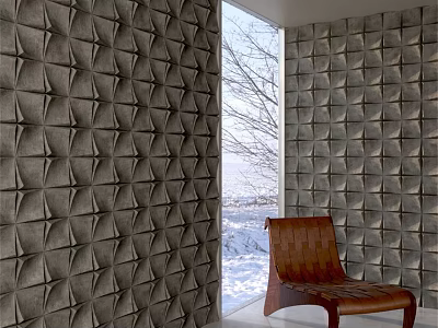 Gray Geometric Textured Background Wall With Window Snow View And Brown Leather Chair 3d model