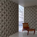 Gray Geometric Textured Background Wall With Window Snow View And Brown Leather Chair
