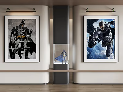 Batman Themed Abstract Paintings Hung On Two Walls With Central Display Cabinet And Model 3d model