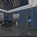 Modern Luxurious KTV Interior With Hexagonal Grid Ceiling Blue LED Strips Sofas And Large Screen