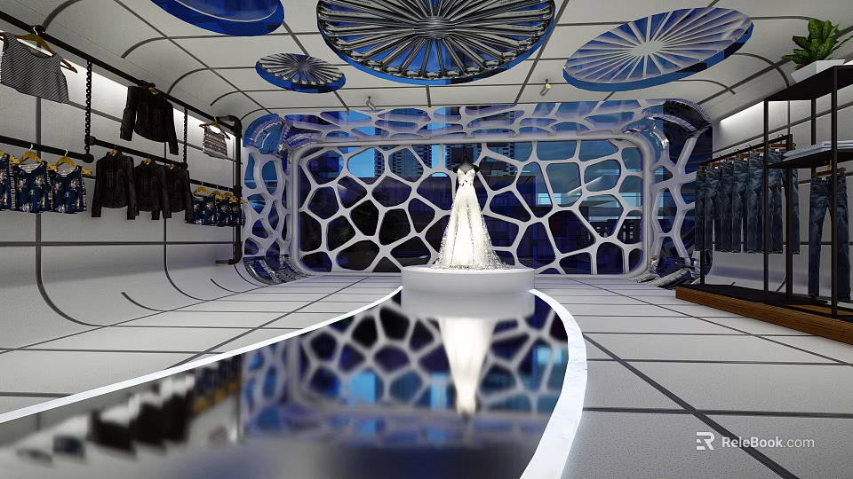 Modern Clothing Store Interior With White Wedding Dress On Display Stand And Unique Ceiling Design 3d model 