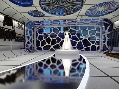 Modern Clothing Store Interior With White Wedding Dress On Display Stand And Unique Ceiling Design 3d model