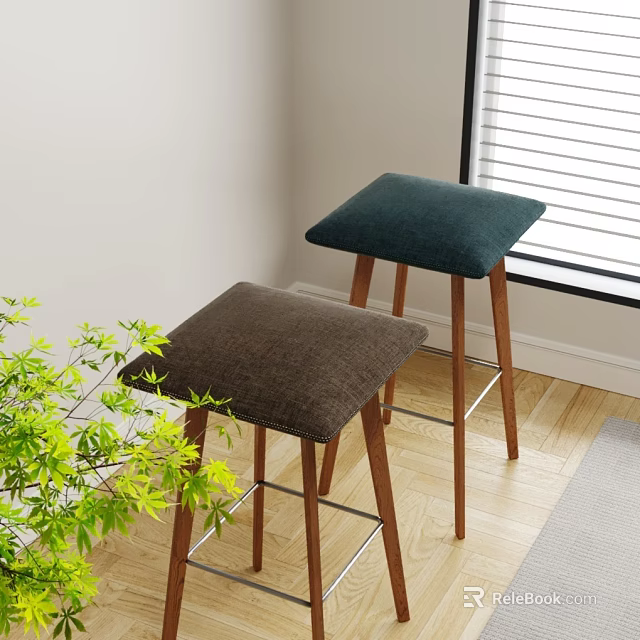 Padded Bar Stools In Dark Green And Brown With Wooden Legs Indoor Near Green Plants 3d model 
