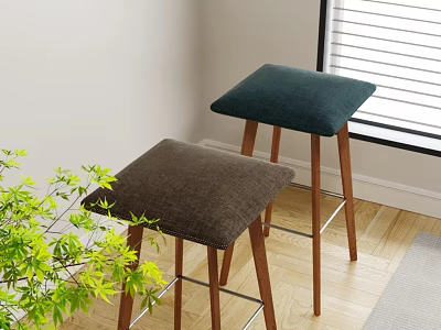 Padded Bar Stools In Dark Green And Brown With Wooden Legs Indoor Near Green Plants 3d model