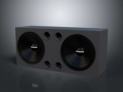 Gray Speaker Cabinet with Two Large Black Speakers and Four Small Circular Ports 3d model