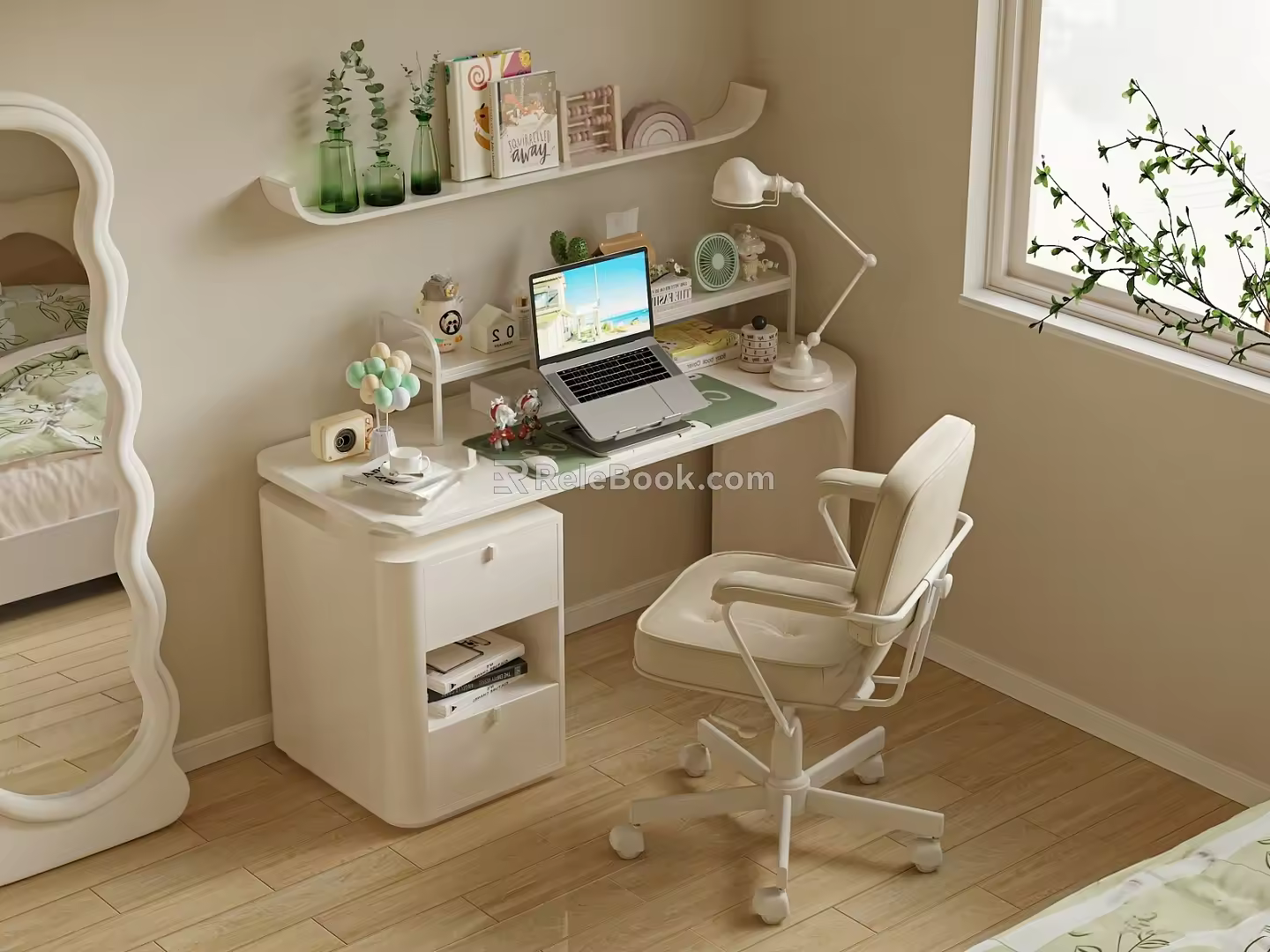 Cream Desk and Chair Desk and Chair Study Table and Chair Table and Chair Computer Desk 3d model