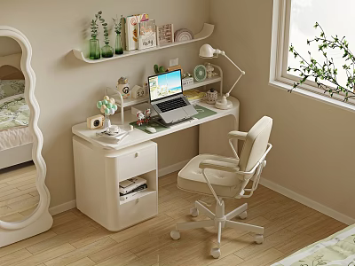 White Desk With Laptop Desk Lamp Ergonomic Chair Decorations And Wall Shelf In Bright Room 3d model